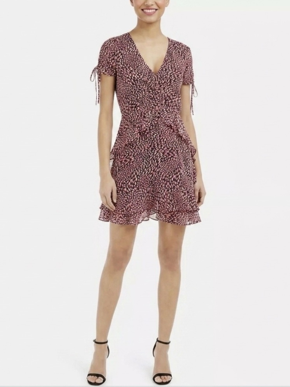 Bar III Mauve and Black Printed V-Neck Ruffle Mini Dress